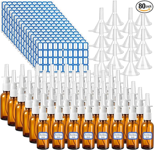 80 Pcs Nasal Spray Bottle Empty, Brown Glass Refillable Fine Mist Nasal Spray Bottles with 16 Funnels and 16 Labels (30ML/1oz)
