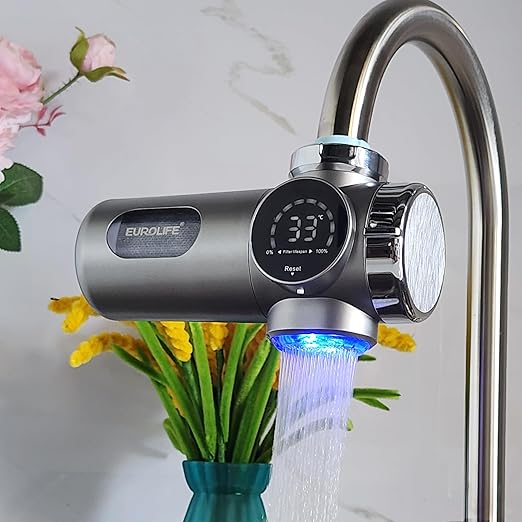 Combo Eurolife Faucet Mount Water Filter EL-LS-A15, LED Sink Water Filter with UV Light and Real Time Filter Life Indicator, Carbon Filter 8 Level fine Filtration, Extra More 2 Carbon Filter Included