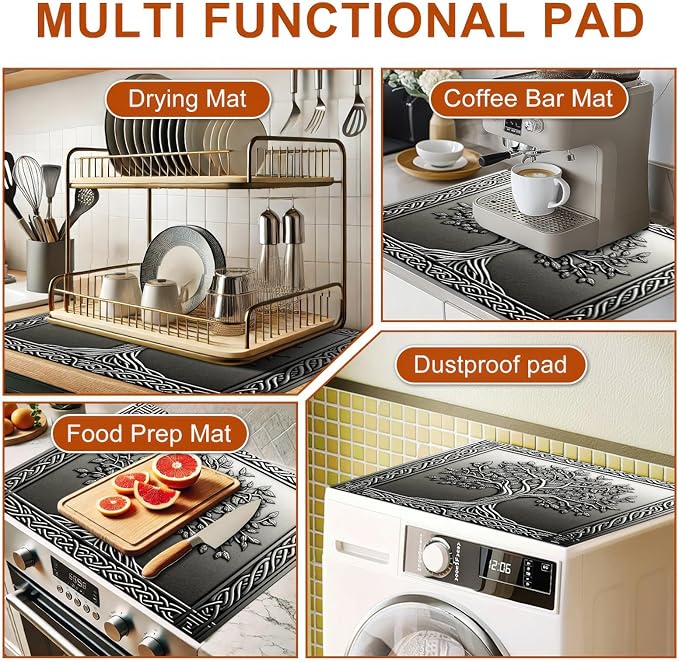 Tree Stove Top Covers Pad 28 x 20 inches Silver Tree of Life Kitchen Decorations Dish Drying Mat Coffee Bar Mats Kitchen Decor Absorbent Pad Fit Coffee Maker Machine Dish Drying