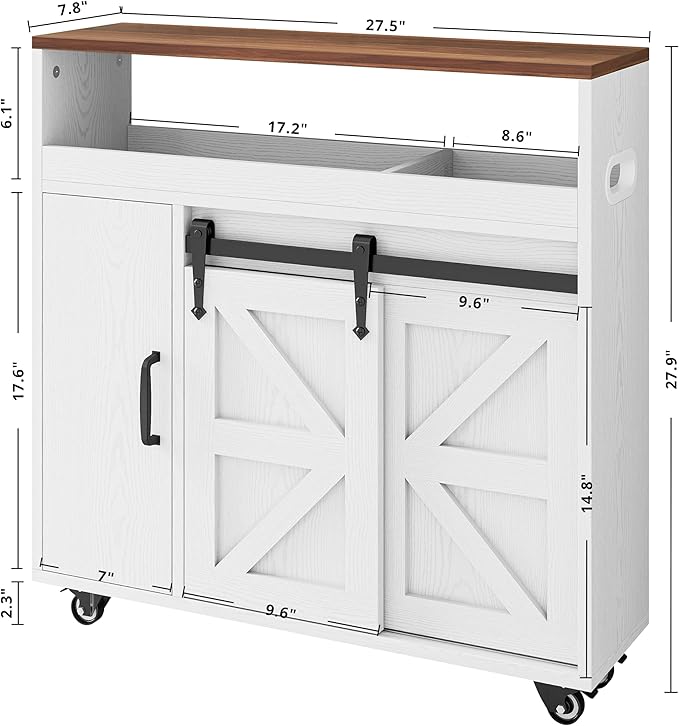 IRONCK Toilet Paper Cabinet, Slim Bathroom Cabinet with 4 Rolling Wheels, Farmhouse Slim Storage Cart with Paper Holes, Sliding Doors and Adjustable Shelf for Small Space, White/Walnut