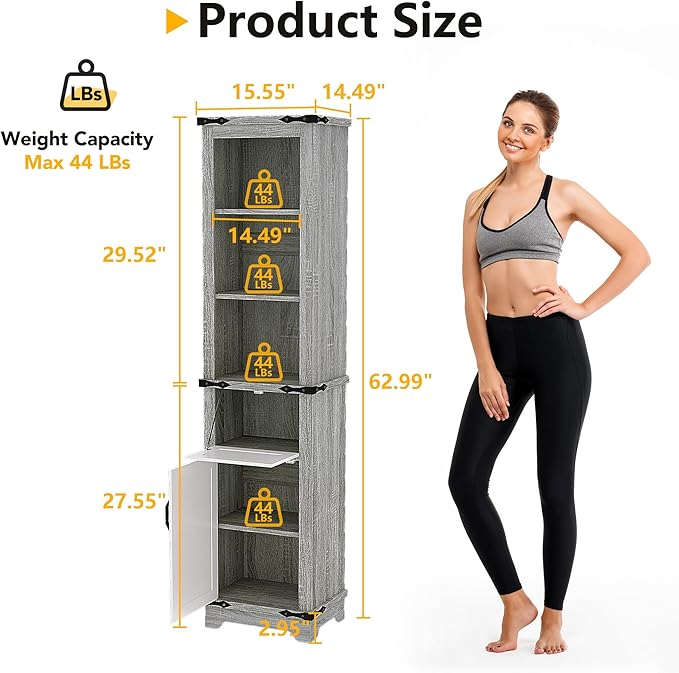 63 Inch Tall Corner Cabinet, Modern Corner Storage Cabinet with Door & Adjustable Shelves & Drawers, Anti-Tipping Free Standing Linen Tower for Bedroom, Bathroom, Kitchen, Pantry (Grey)
