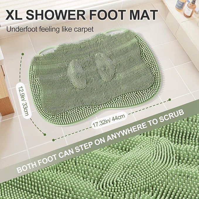 XL Shower Foot Scrubber Mat, Silicone Feet Massage Cleaner Dead Skin Toes Clean Pad without Bending Non-slip Suction Cups -Improve Circulation for Feet Beauty Exfoliate Smooth Achy 17.2*13" Sage Green