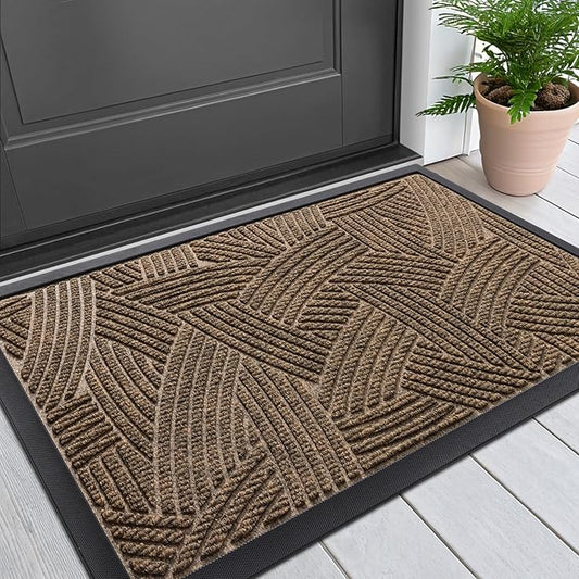 Smiry Front Door Mat Outside Entrance, Heavy Duty Sturdy Natural Rubber Doormat, Trap Dirt and Moisture, Easy Clean Low Profile Mats for Indoor Outdoor Entry, Interwoven Stripes 29.5x17, Brown