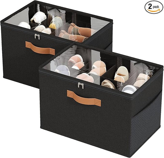 Shoe Organizer for Closet, 2-Pack Foldable Shoe Storage Box with Adjustable Dividers & Clear Cover, Fits 16 Pairs, Black, Durable and Space-Saving
