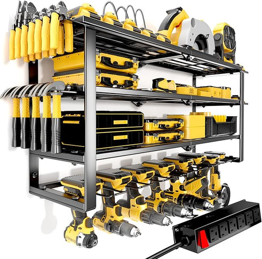 420LB Capacity Power Tool Organizer with Charging Station & 6 Outlets | Quick Assembly 4-Layer Heavy Duty Rack for Drills & Batteries | Ultimate Garage Storage & Christmas Gift for Men