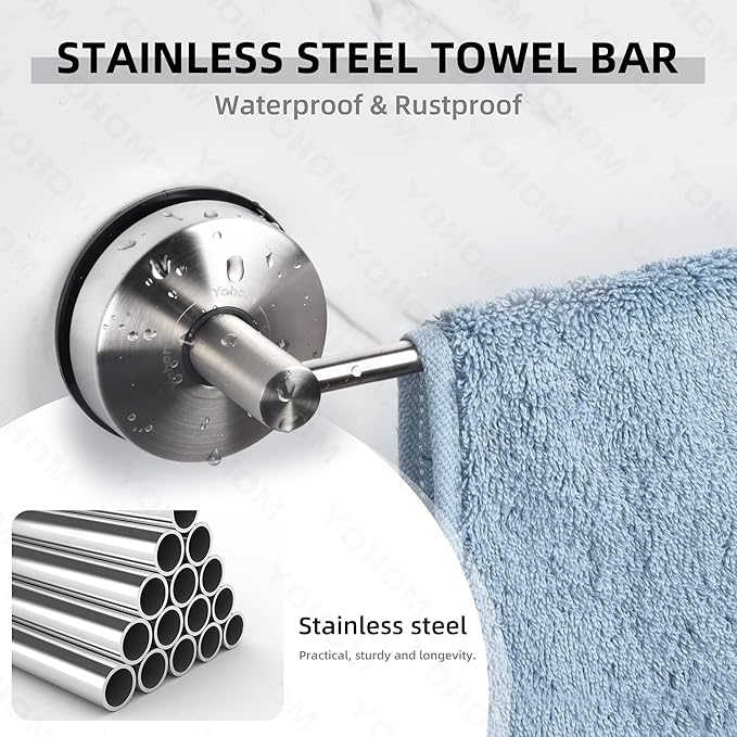 YOHOM Suction Cup Towel Bar for Shower 17 Inch Stainless Steel Bathroom Towel Rack Suction Washcloth Holder Vacuum Hand Towel Bar for Glass Shower Door Removable Towel