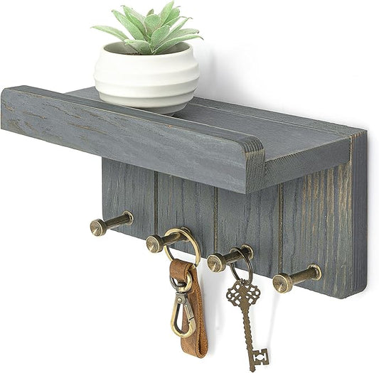 Rebee Vision Pine Wood Key Holder Wall Mount - Mini Key Holder for Wall with 4 Hooks & Floating Shelf for Home Storage - Living Room Decor for Haning Sunglasses (Royal Blue)