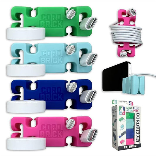 CordBrick Stocking Stuffers for Adults Cord Management Weighted Cord Holder Cable Wrap Phone Stand - Multiuse Gadget Organizer for Nightstand, Desk. Gift for Men, Durable Silicone. 4pk Asst Neutrals