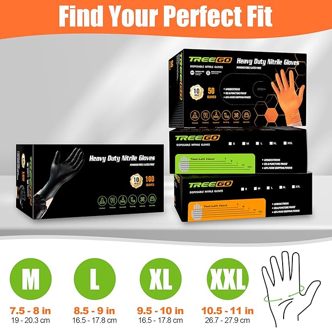 TREEGO 10 Mil Black Nitrile Gloves Bulk Case, 1000 Count Medium — Heavy Duty Diamond Grip, Latex Free Disposable Gloves for Automotive, Industrial, Warehouse & Shop Use