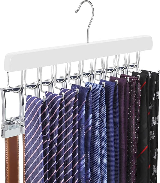 TOPIA HANGER 20 Hooks 2 in 1 Belt Tie Hanger for Closet Max 30 Belts with 30 Ties Capacity, Belt Tie Racks Wooden Hanger for Closet Organizer Storage “U” Fit for Belt and “一” Fit for Tie - CT47W