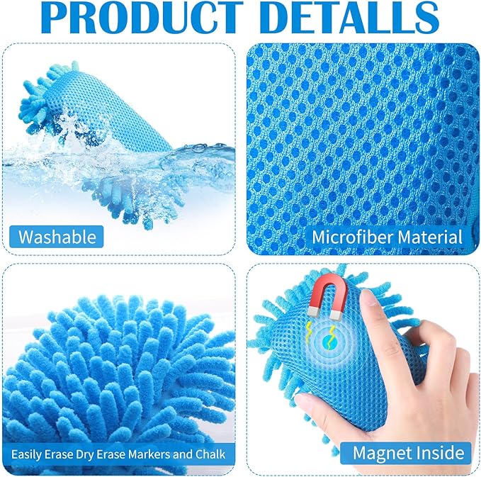 Sherr 18 Pcs Microfiber Shag Magnetic Dry Erase Erasers Washable Whiteboard Eraser Bulk Colorful White Board Eraser for Chalk Markers Home Office(Blue)
