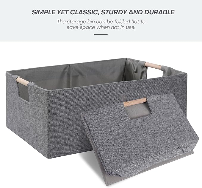 ANMINY 6PCS Storage Baskets for Organizing Collapsible Fabric Storage Bins Boxes with Wood Handles Closet Shelves Cube Organizer Bins Clothes Laundry Storage Container - Large, Gray
