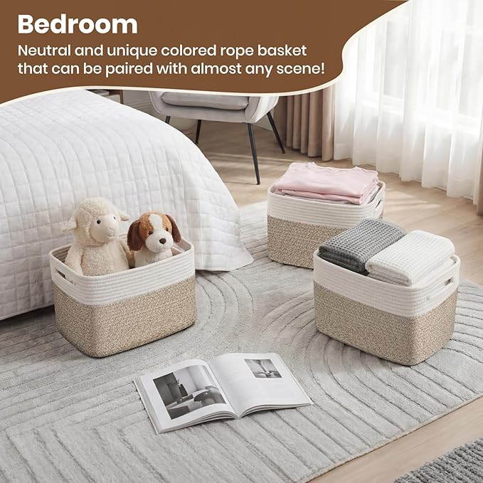 Storage Baskets for Organizing, 14 x 10 x 9” Closet Shelf Woven Baskets, Square Bins with Handles, Cotton Rope Basket for Toys, Clothes, Office, Room, White+Rice Brown 4 Pack
