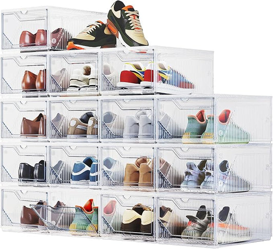 XX-Large Shoe Sneaker Storage Boxes for Size 14, Stackable & Thicken Clear Plastic Shoe Organizers 16 Packs for Entryway Closet Under Bed, Shoe Storage Cabinets Container Display Case w/ Magnetic Door