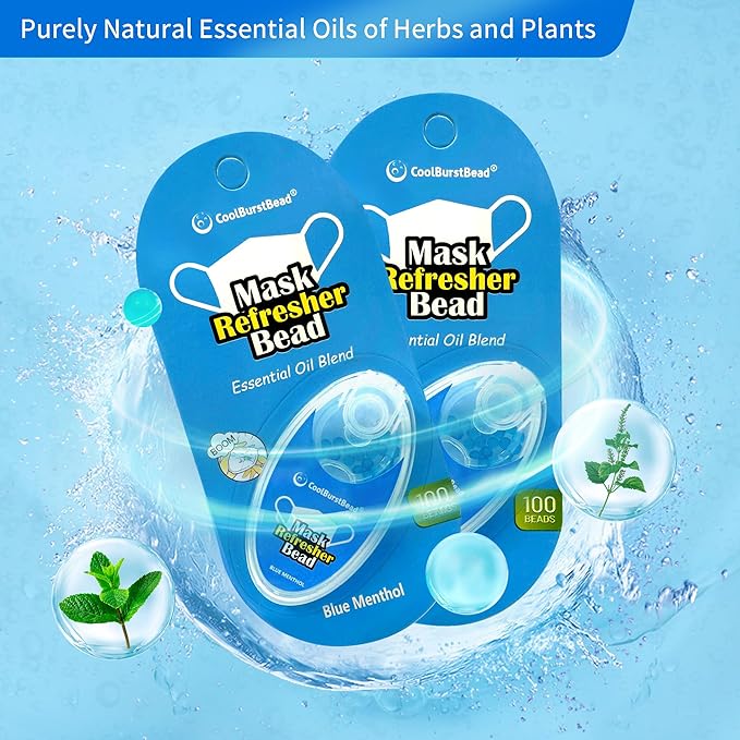 Menthol Beads for Face Mask Refresher, Long-Lasting & Strong Refreshing Fragrance, with Natural Essential Oils from Herbs and Plants (100 beads/pack), Pack of 4, Blue Menthol