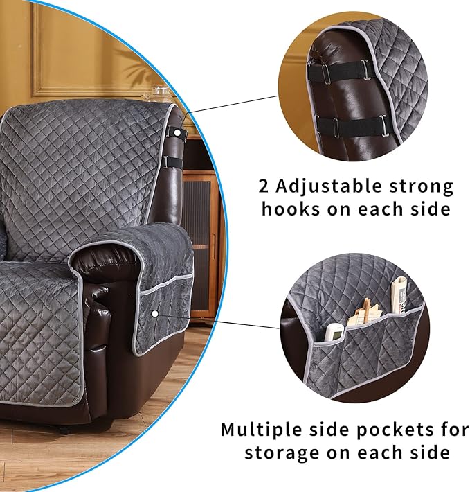 Velvet Recliner Covers Non Slip Waterproof Large Recliner Chair Covers for Leather Chairs Reversible Recliner Sofa Cover for Living Room Recliner Furniture Protectors Covers for Dog Pets 28"