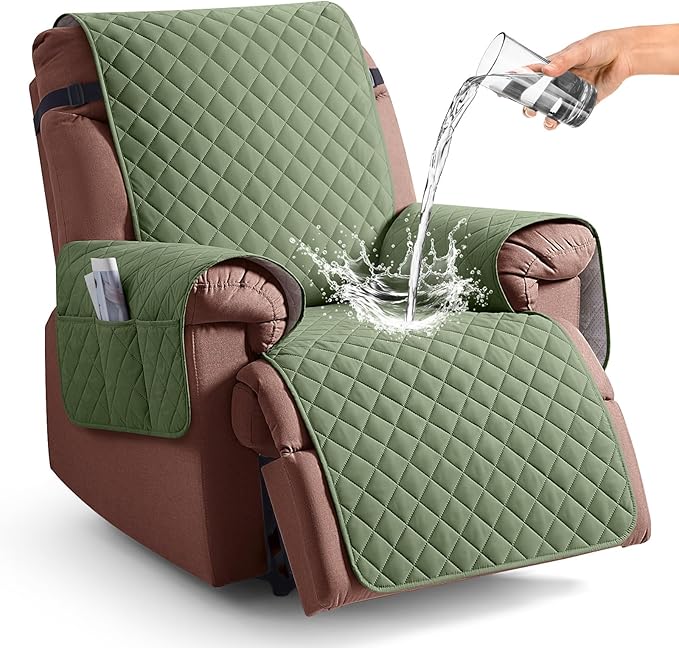 KinCam 100% Waterproof Recliner Chair Cover, Reclining Couch Covers for Pets, Dogs, Recliner Couch Slipcover Furniture Protector with Elastic Straps for Kids(30", Cactus Green)