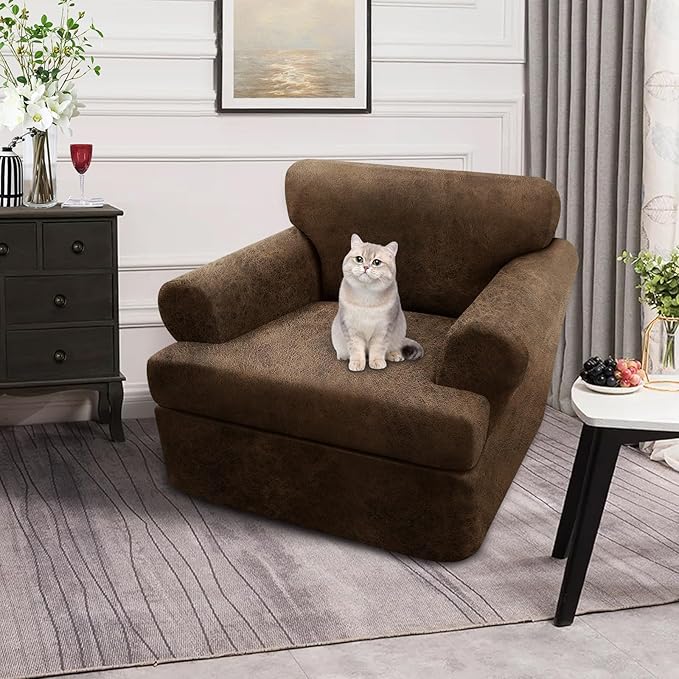 2-Pieces T Cushion Armchair Slipcovers Leather Look Couch Cover Chair Covers Stretch Furniture Protector Sofa Cover with 1 Individual T Cushion Seat Cover Slipcover Sets Washable, Brown