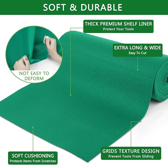 Foam Toolbox Liner Drawer Mat 1/8 Inch Thick X 18 Inch Wide X 24 Ft Long Green, No Slip for Protecting Cabinet, Garage, Cart, Tool Box