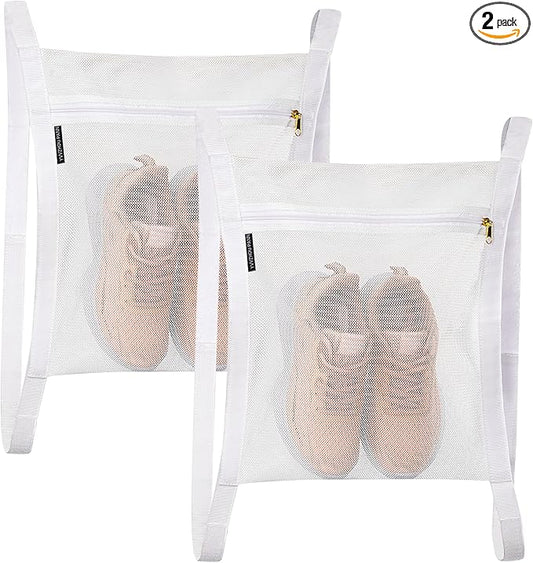 Sneaker Dryer Bag, 2 Pcs Reusable Sneaker Drying Mesh Bags, Honeycomb Net Laundry Bags with Zipper & Strap for Washing Machine, 15.7''x13.8'', White