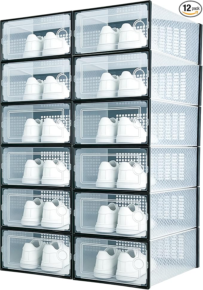 12 Pack Shoe Storage Boxes, Clear Plastic Stackable Shoe Organizer for Closet, Foldable Shoe Rack with Lids for Entryway, Closet, Under Bed, Black (13 x 9.1 x 5.5inches)
