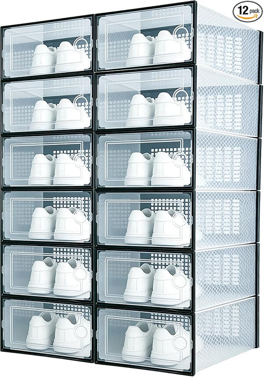 12 Pack Shoe Storage Boxes, Clear Plastic Stackable Shoe Organizer for Closet, Foldable Shoe Rack with Lids for Entryway, Closet, Under Bed, Black (13 x 9.1 x 5.5inches)