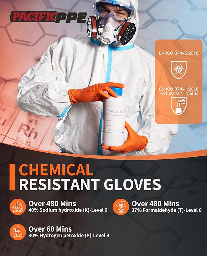 PACIFIC PPE 8 Mil Heavy-Duty Strength Nitrile Gloves, Chemical Resistant, Diamond Texture Industrial Disposable Gloves, Orange, 100PCs, X-Large