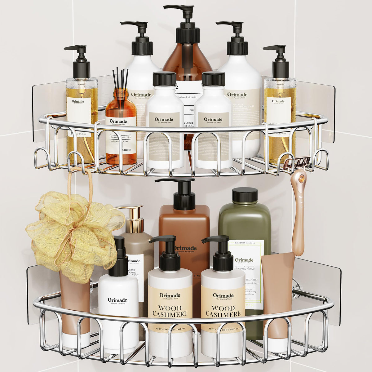 Orimade Corner Shower Caddy Stainless Steel with Hooks Wall - Image 1