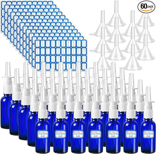 60 Pcs Nasal Spray Bottle Empty, Blue Glass Refillable Fine Mist Nasal Spray Bottles with 12 Funnels and 12 Labels (30ML/1oz)
