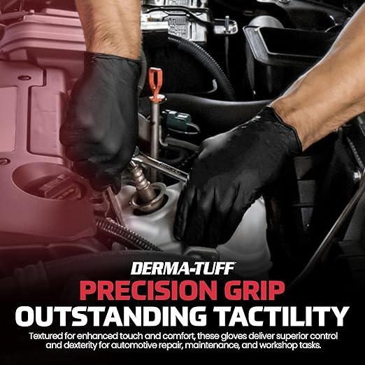 Derma-Tuff Powder Free Nitrile Disposable Gloves 6 Mil - Lg 120 Ct Latex Free, Chemical + Puncture Resistant, Fully Textured Grip, Beaded Cuff, for Automotive, Maintenance, Industrial 66583