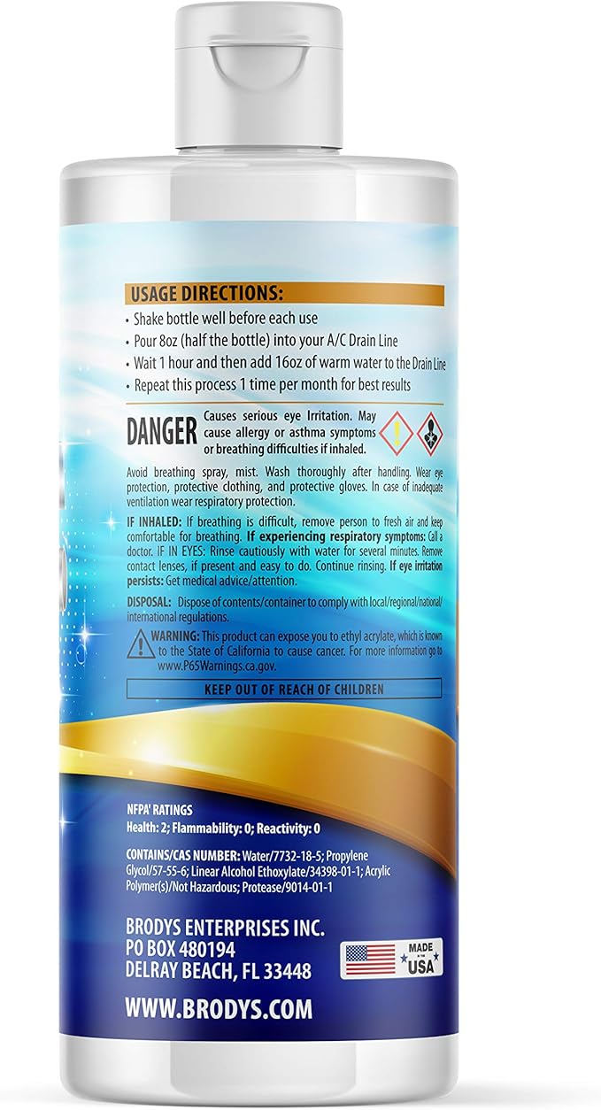Brodys - A/C HVAC Drain Line Cleaner, 16oz Bottle, 2 MONTH SUPPLY, (Great to use at home, in the office, at restaurants and large commercial buildings)