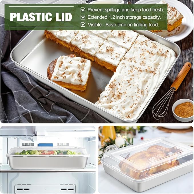 TeamFar Lasagna Pan, 12.3’’ x 9.75’’ x 2’’ Stainless Steel Rectangular Cake Brownie Baking Pan with Lid, Non-Toxic & Heavy Duty, Brush Surface & Deep Side, Dishwasher Safe-2 Pans+2 Lids