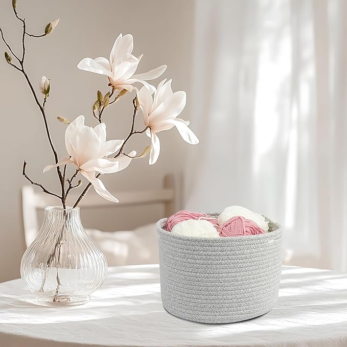 Woven Cotton Storage Baskets - 3-Pack Round Bins (10x10x7'') for Shelves, Closets & Bookcases | Durable Rope Organizers for Nursery, Baby, Toys, Easter & More (grey)