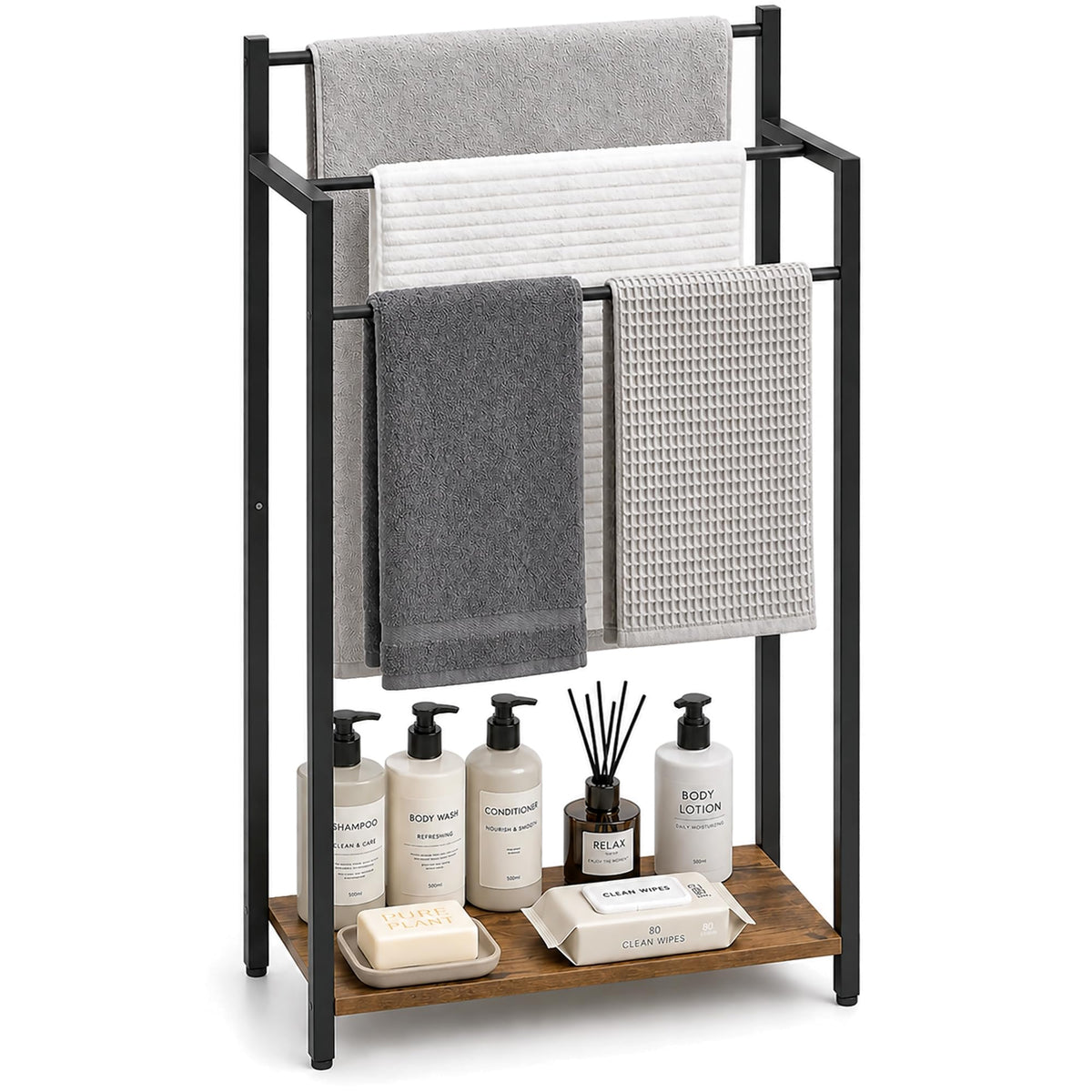 16.9" W Freestanding Towel Rack with Rustic Brown Wood Shelf - Image 1