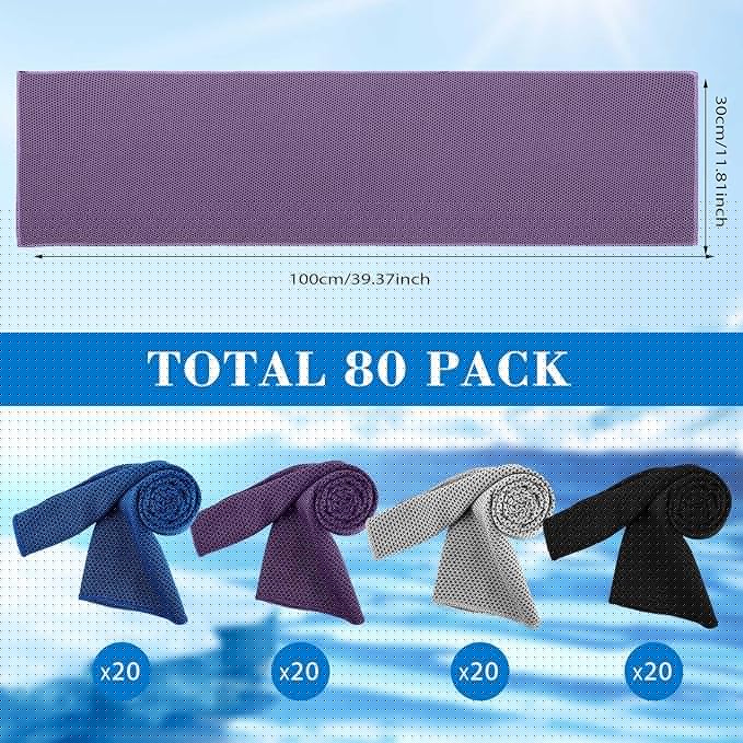 Shellwei 80 Count Cooling Towel Bulk 40 x 12 Inch Double Layer Microfiber Chilly Cold Towel for Neck Gym Yoga Running Workout Sports(Black, Purple, Gray, Blue)
