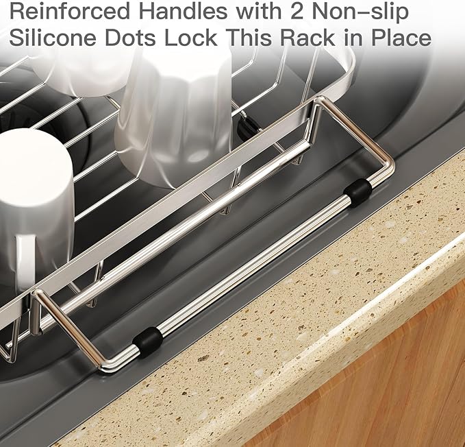 MAJALiS Small Expandable Over The Sink Dish Drying Rack Drainer In Stainless Steel Metal For Kitchen, Counter Space Saving Compact Plate Dryer Strainer Adjustable Hanging Inside Sink Wire Drain Holder