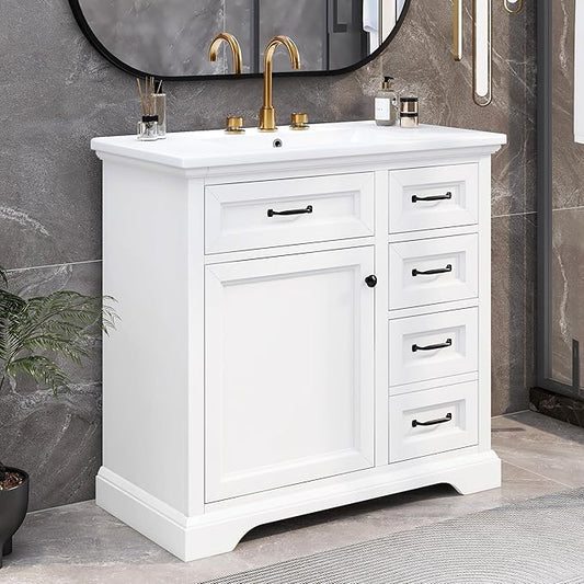 Christopher Knight Home 36" Bathroom Vanity with Ceramic Sink, Wooden Bathroom Vanity Organizer, Bathroom Storage Cabinet, Pedestal Sink Storage Cabinet, Adjustable Door Shelves+Drawer, White
