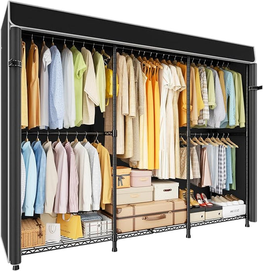 E14C Pro Heavy Duty Closet Organizer System，Freestanding Clothing Racks for Hanging Clothes，Adjustable Garment Rack 70.1"W × 16.6"D × 76.4"H Hold 960 lbs，Black Rack with Black Dustproof Cover