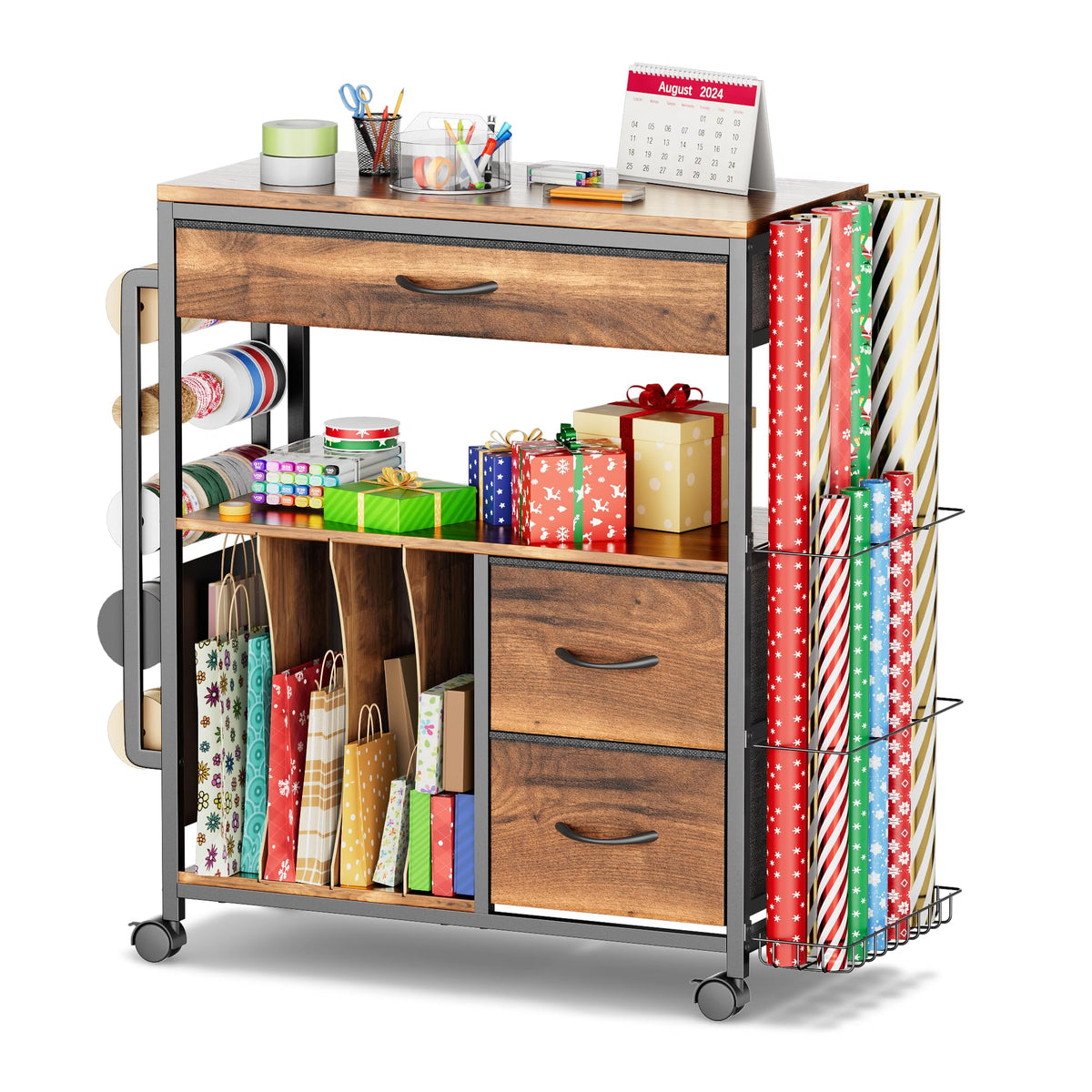 Wrapping Paper Storage Cart, Up to 12 Rolls, Wood Grain - Image 1