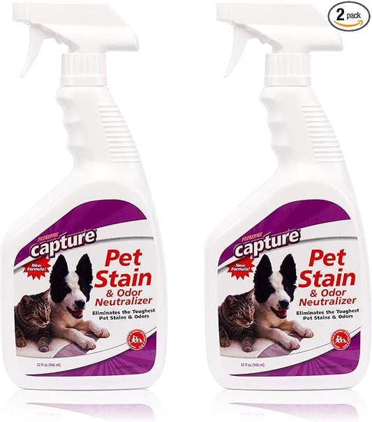Capture Pet Stain & Odor Remover - Enzyme Pet Odor Eliminator for Home, Carpet Stain Remover for Cats & Dog Pee, Cat Urine Destroyer, Carpet Cleaner Spray - 32oz Portable Spray Bottle (2 Pack)