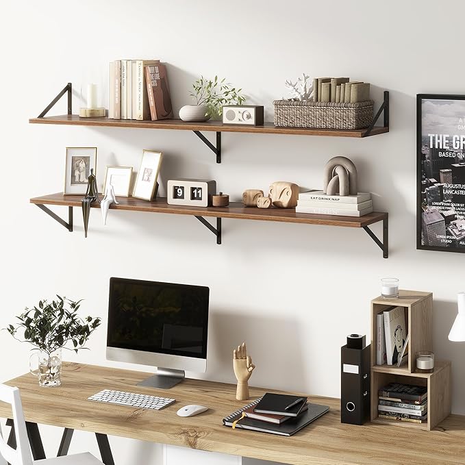 Floating Shelves 55 Inch Long, 10" Deep Floating Shelves, Walnut Wall Shelves 55 x 10, Set of 2, Wide Large Display Storage Shelves for Bathroom, Living Room, Rustic Wood Shelves with Brackets