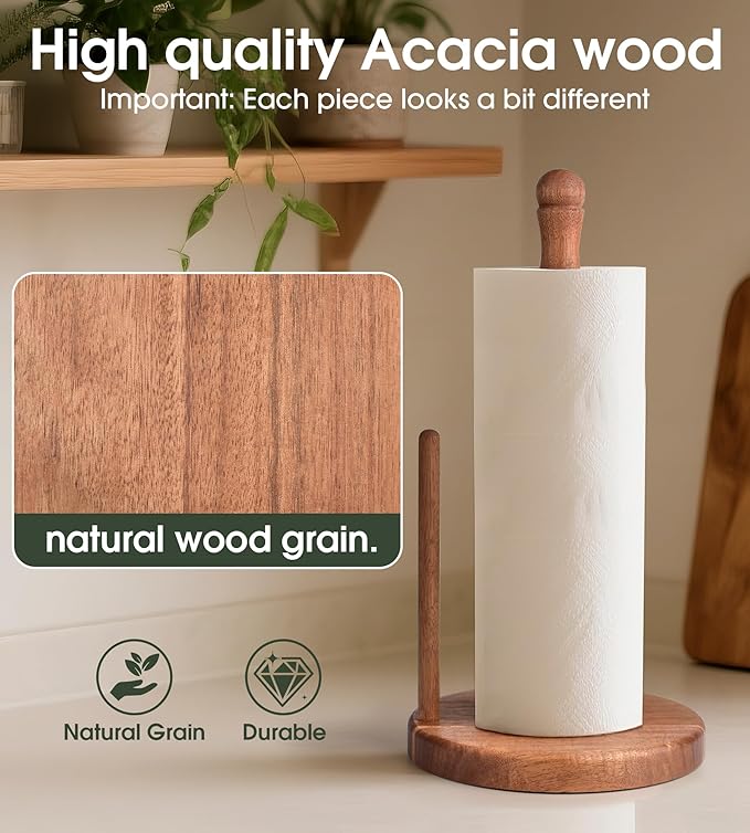 Acacia Wood Paper Towel Holder Countertop, Weighted Base Paper Towel Roll Holder for Kitchen Bathroom, One-Handed Operation, Standing Towel Roll Organizer for Standard and Large Rolls