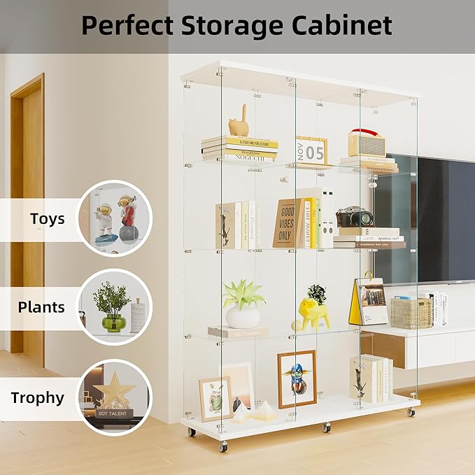 LFT HUIMEI2Y Glass Display Cabinet 12 Shelves with 3 Columns 2 Doors and Lock, Extra Large DIY Curio Cabinets Quick-Install Style Tempered Glass Floor Standing Bookshelf for Living Room, Kitchen White