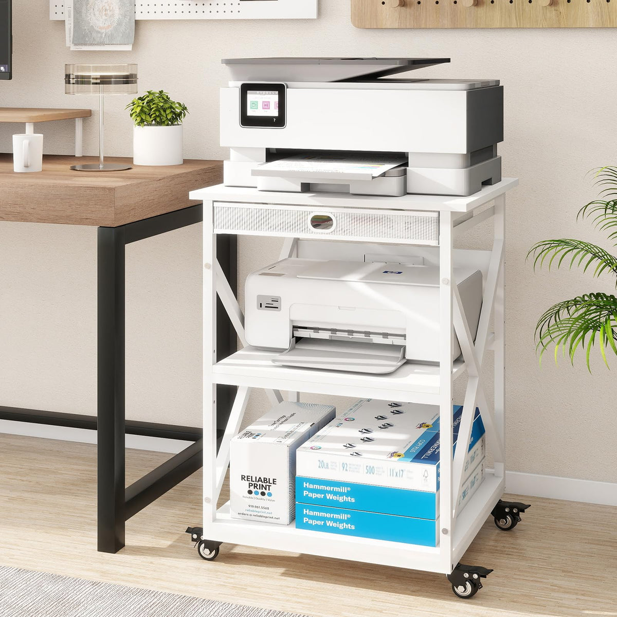 Large Printer Stand with Storage Mesh Drawer,22"W x 19.7"D,White - Image 1