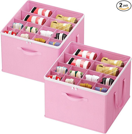 Lifewit Shoe Storage Organizer for Closet, Fabric Large Shoe Box Storage Containers with Clear Cover, Foldable Bins for Boots Heels Sneakers Fits 24-32 Pairs (Each 12-16 Pairs) 2 Pack Pink