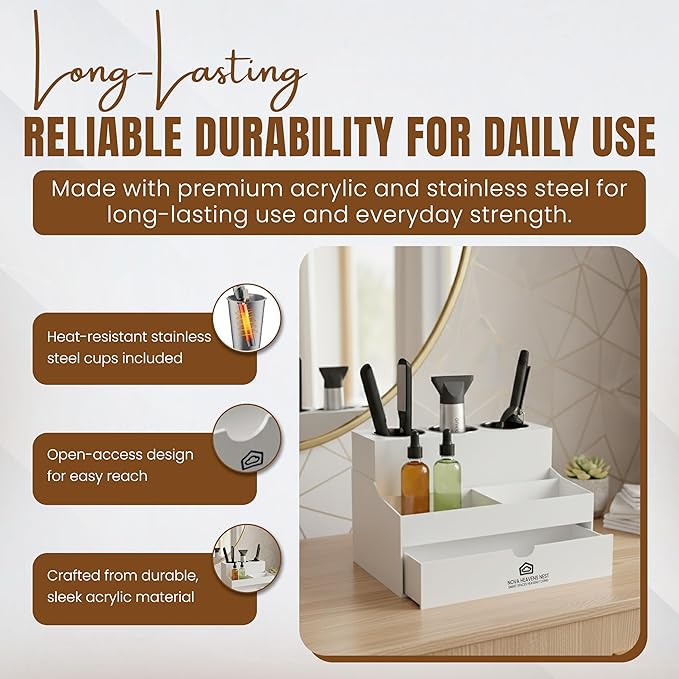 NovaHeavensNest Premium Vanity Hair Tool Organizer with Acrylic Material | Large Bathroom Organizer Countertop & Drawer Storage for Hair Tools | Slip-Resistant Hairdryer & Curling Iron Holder