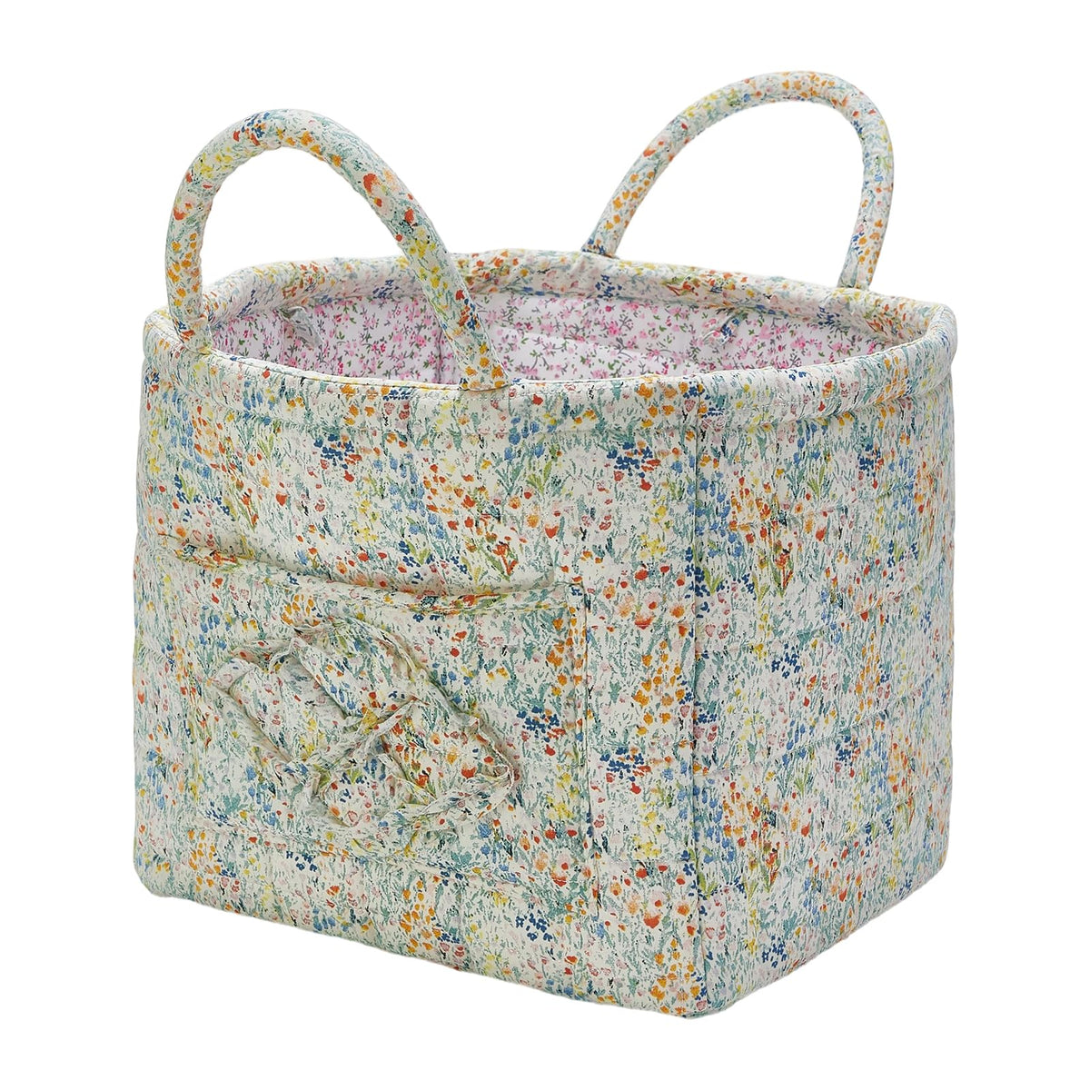 Quilted Fabric Storage Basket with Handles & Pocket - Image 1