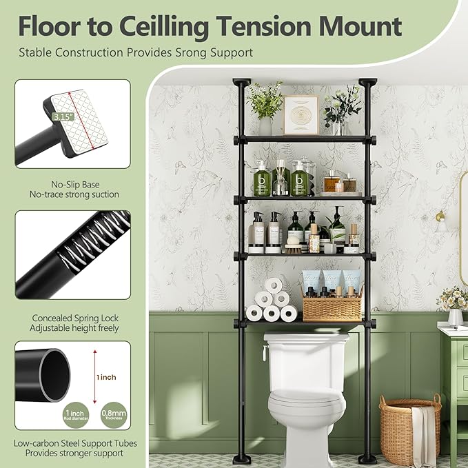 No-Drill Over Toilet Storage Shelf - 4-Tier Adjustable Bathroom Organizer