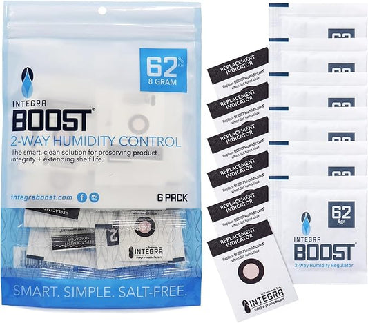 Integra Boost 62% RH Level - 8 Gram Size - Two-Way Humidity Control Pack - Includes Replacement Indicator Cards - Food Storage & Herbs Moisture Balancer for Up to 1oz (Pack of 6)