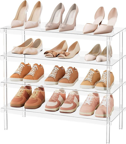 HBlife Shoe Rack for Closet, 4 Tier Clear Acrylic Shoe Organizer Shelf for Entryway, Free Standing Modern Aesthetic Shoe Storage Display Stand, 27.56" L x 11.8" W x 25.2" H